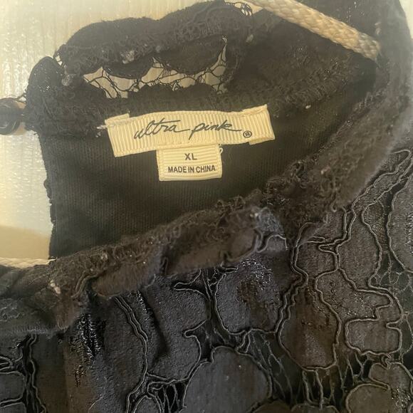Ultra Pink black long sleeve mock neck lace blouse size L - Picture 5 of 11